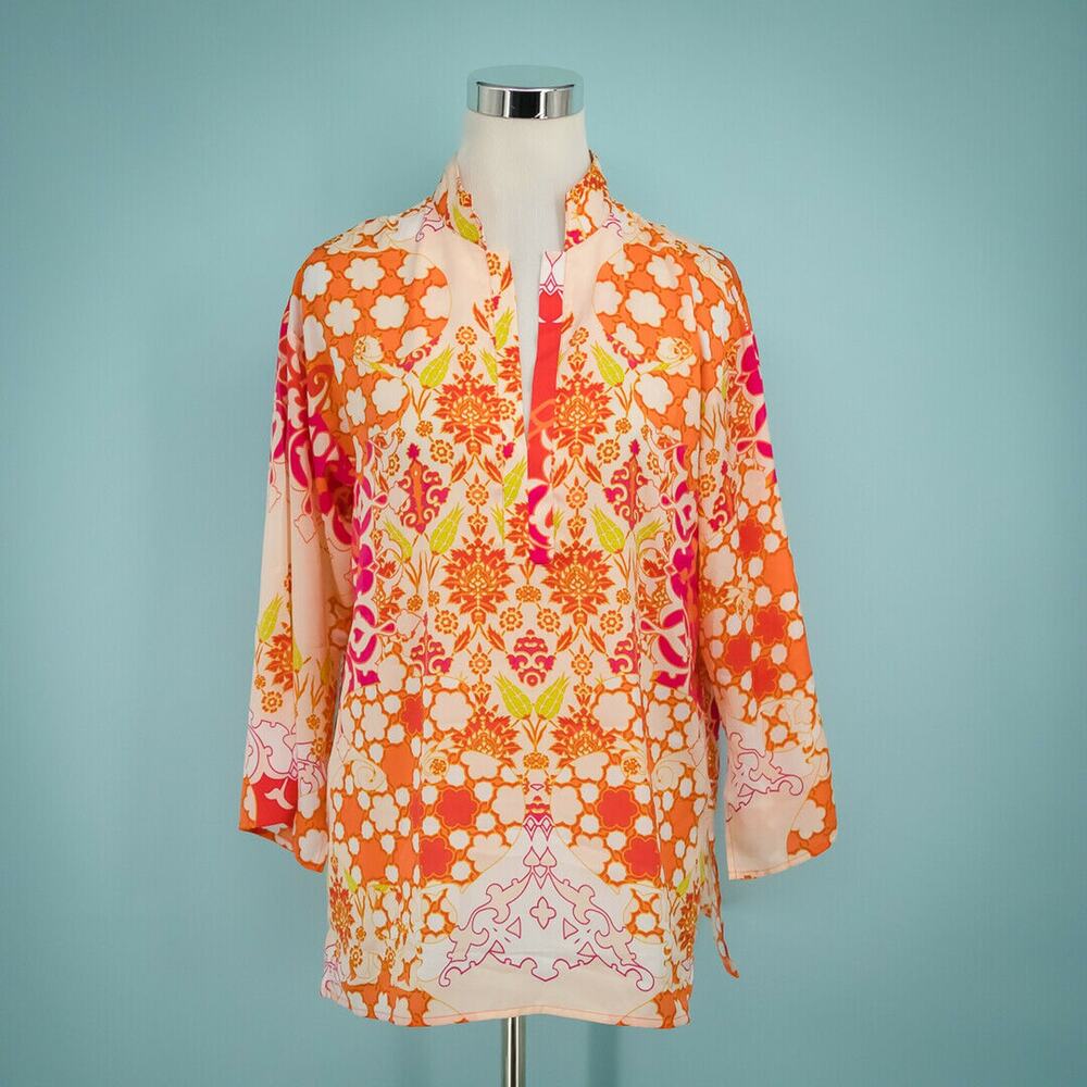 Natori Size Small S Floral Paisley Print Collar Long Sleeve Pink Orange Top